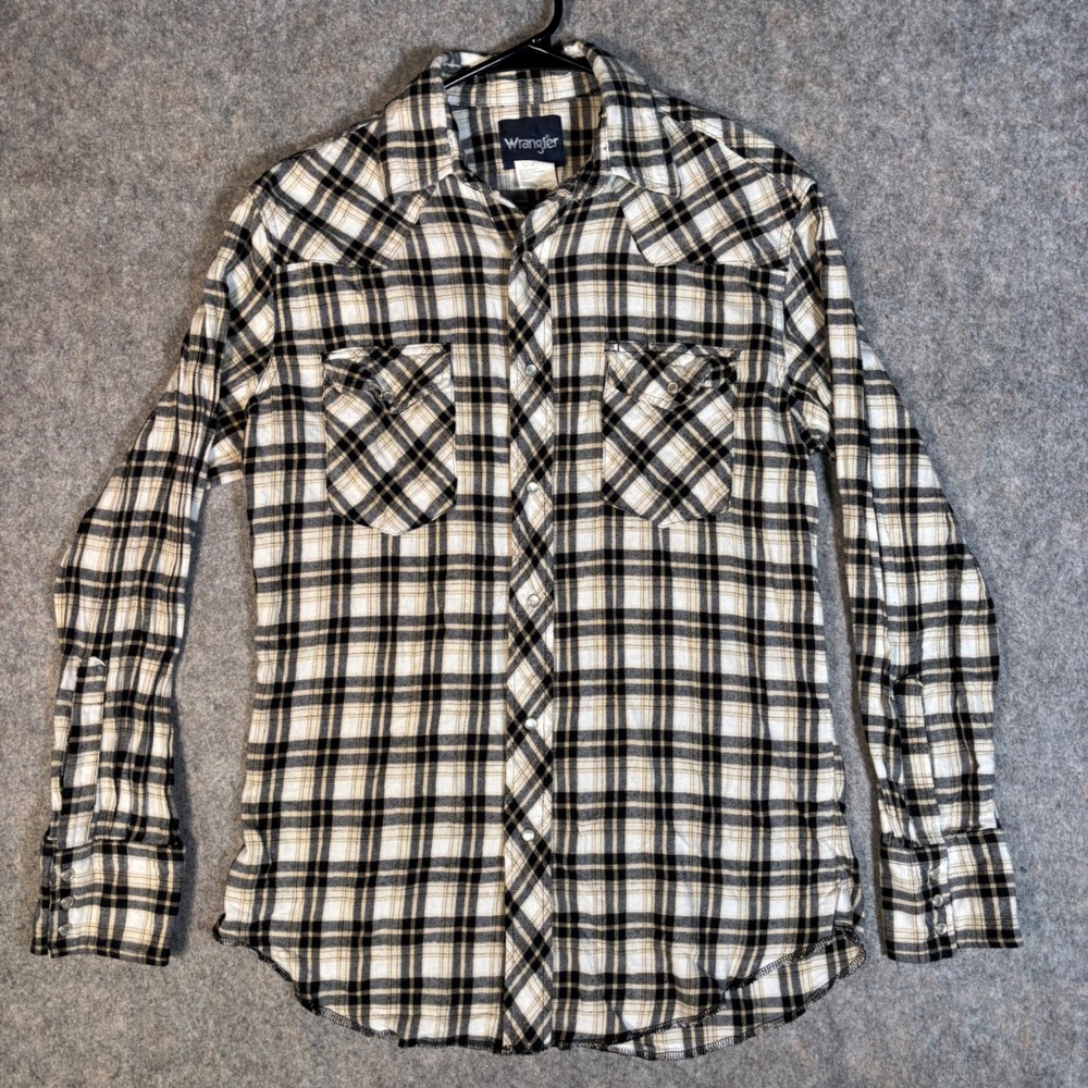 Wrangler Western Shirt Mens Medium Black White Plaid Pearl Snap 75098AA Cowboy